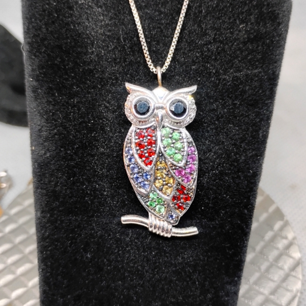 Colorful Multi Gem Sterling Owl Pendant W/ Necklace